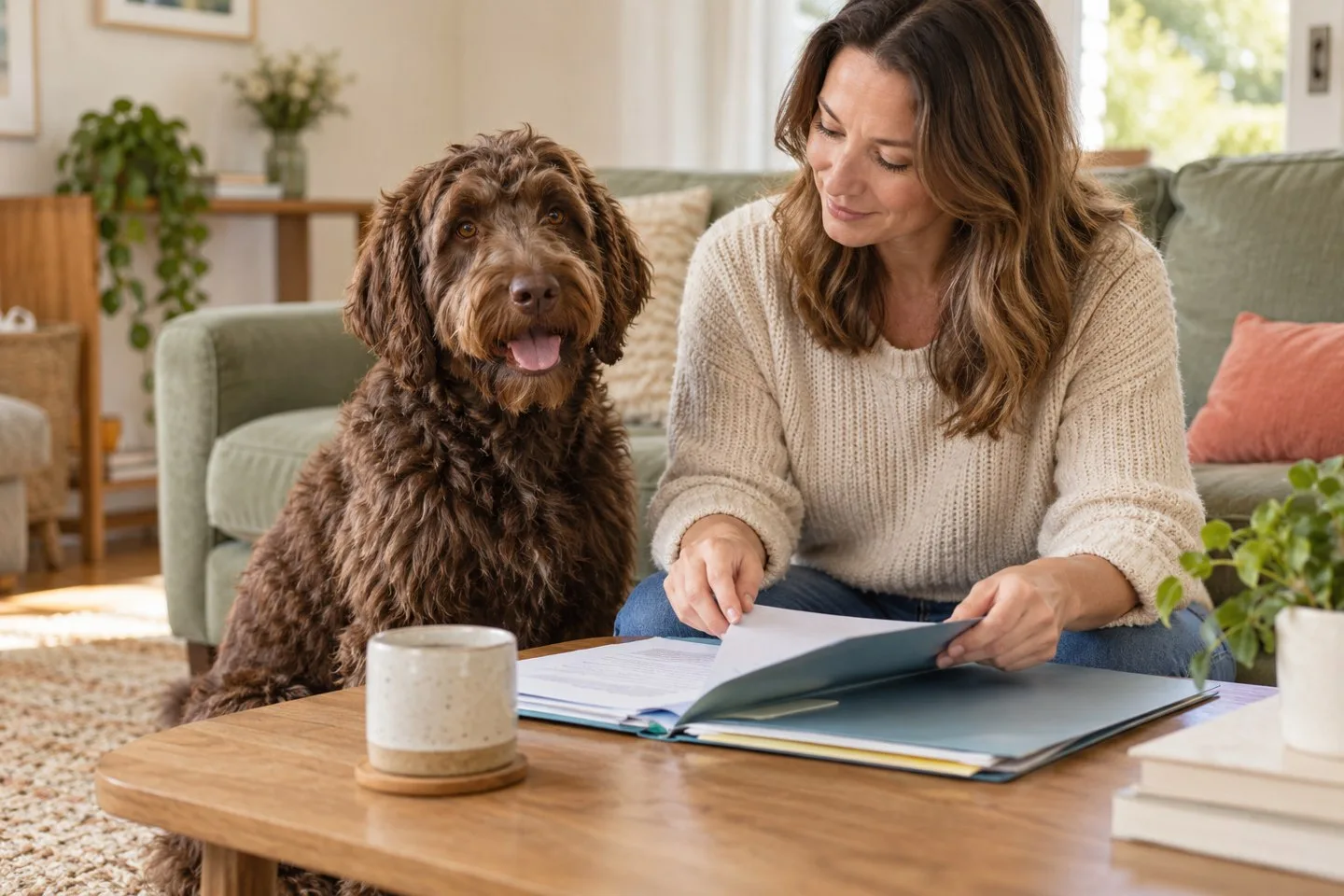 Owner reviewing papers at a table beside a curly-coated brown dog